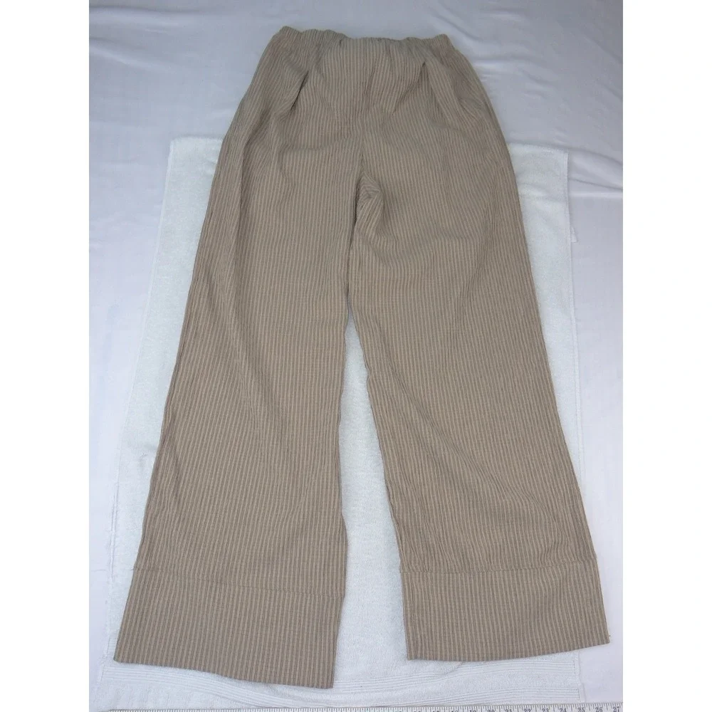 New Look Womens Wide Leg Pinstripe Pants Tan Brown Elastic Waist Size L 3984